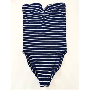 Hunza G Navy Blue Brooke Striped Crinkle Swimsuit One Piece One Size Strapless